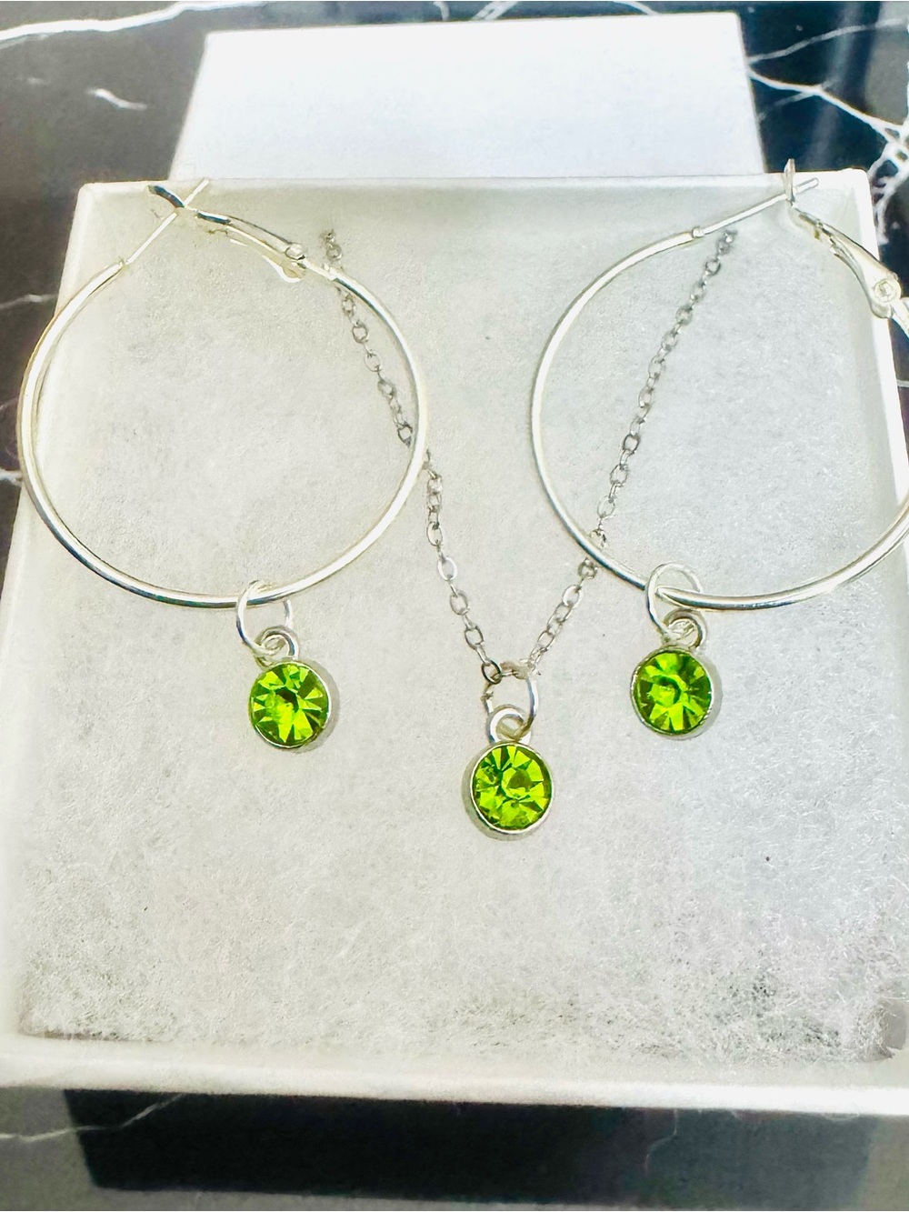 Silver Hoop Earrings with Bright Lime Green Crystal Charms